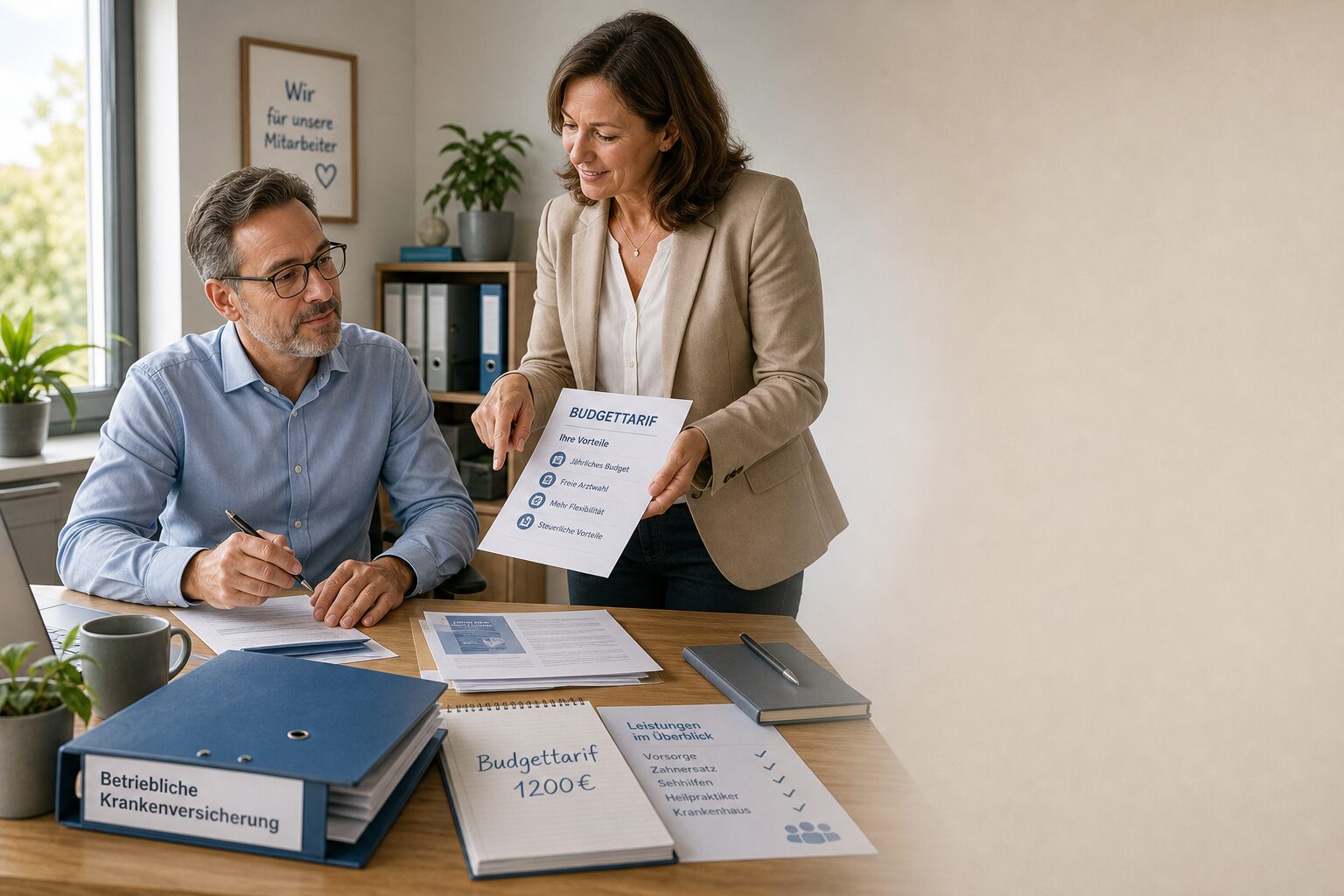Arbeitgeber und Mitarbeiterin sehen sich im Büro die Unterlagen zum Budgettarif der betrieblichen Krankenversicherung an