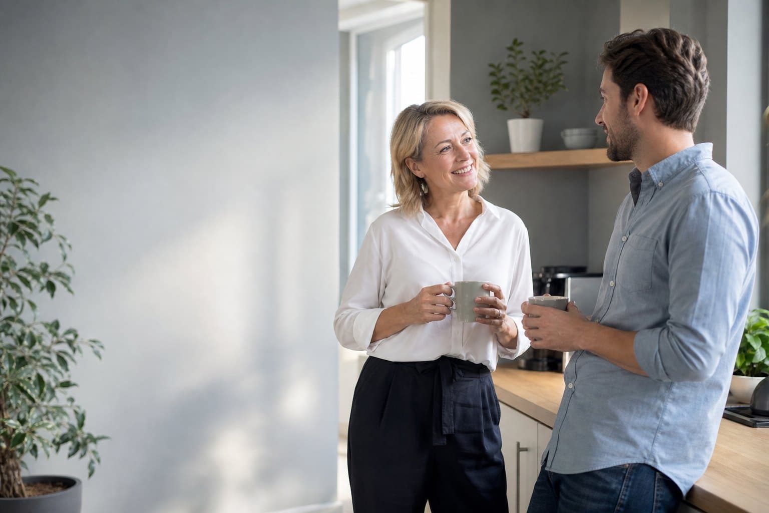 Zwei Beschäftigte stehen mit Kaffeetassen in der Teeküche eines kleinen Unternehmens und unterhalten sich