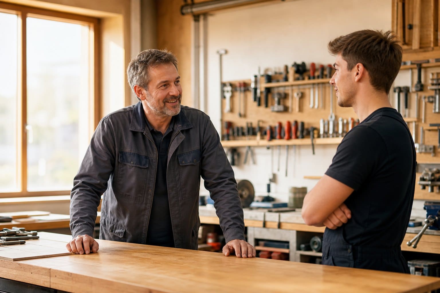 Handwerksmeister im Gespräch mit einem Mitarbeiter an der Werkbank